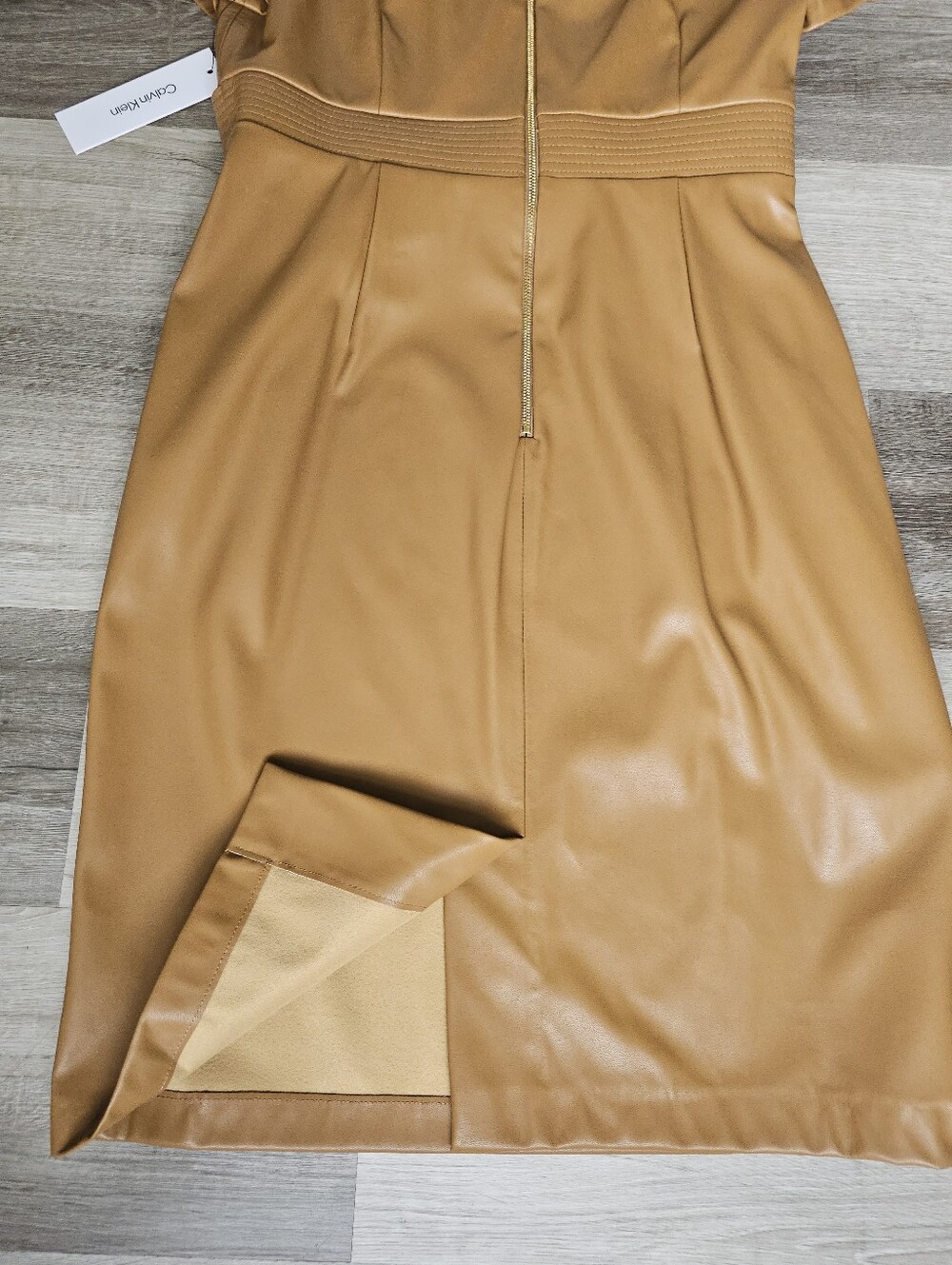 Calvin Klein Faux Leather Belted Sheath Dress NWT Luggage Brown - Picture 8 of 16